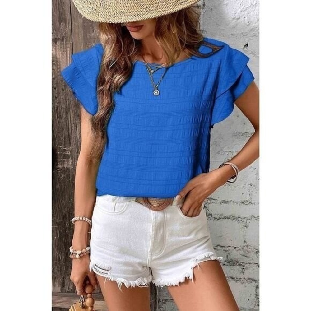 Dark Blue Textured Ruffled Short Sleeve Round Neck Top New X-Large - Picture 9 of 9